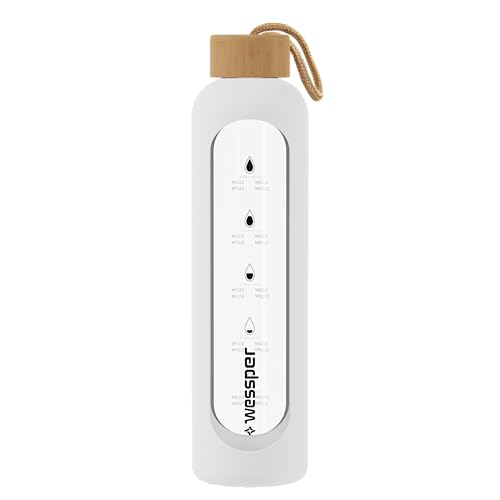 Wessper Botella de Cristal, Botella Agua Motivacional, con Marcas de Tiempo, Vidrio de borosilicato con Tapa de Bambú, Sin Fugas, para Deporte, Camping, para Niños y Adultos 0,5L – Blanco