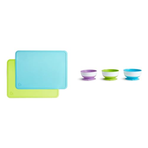 Image of Munchkin® Spotless™ Silicone Placemats for Kids, 2 Pack, Blue/Green & Stay Put™ Suction Bowls for Babies and Toddlers, 3 Pack, Blue/Green/Purple