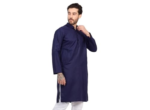 Image of Men's Cotton Blend Blend Knee Length Solid Color Style Stright Long Mandrin Collor Ethnic Casual Wear Kurta Only