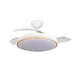 ABRILA - Ventilador DC Relámpago 60W Blanco/Haya | 3 Aspas Desplegables | LED Integrado | Control Remoto | Regulable en Intensidad | Temporizador | 36x48/107 cm