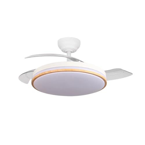 ABRILA - Ventilador DC Relámpago 60W Blanco/Haya | 3 Aspas Desplegables | LED Integrado | Control Remoto | Regulable en Intensidad | Temporizador | 36x48/107 cm