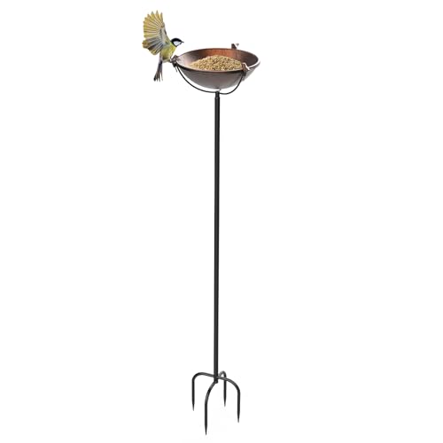 EFUTURETIME Vogeltränke Garten Stehend aus Metall φ 26 × 134 cm Vogelbad mit 3 Vogelskulpturen Futterstelle mit Stab und Höhenverstellbarer Erdspiess für Outdoor, Bronze