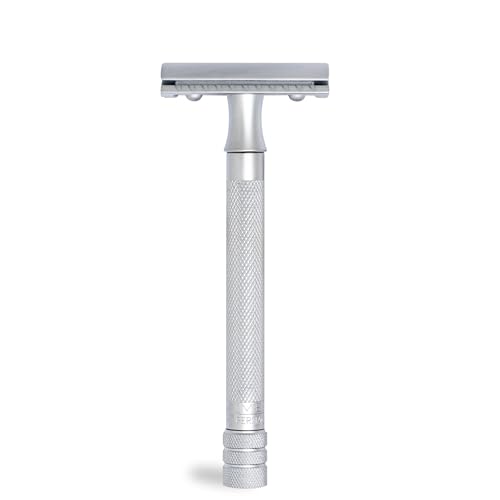 MERKUR 22C Double Edge Safety Razor - Matte Chrome | Long Knurled Brass Handle | Made in Germany | Plastic-Free | Three Piece Design | Closed Comb | Straight Bar