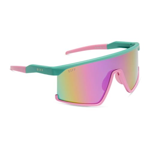 DIFF Sport Spike Designer Shield Sunglasses for women polarized protection, Turquoise Hot Pink + Pink Rush Mirror