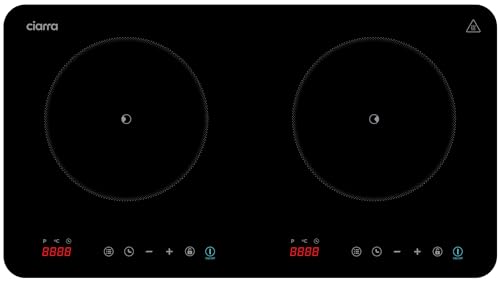 CIARRA Placa de inducción de doble zona de cocción de 2800 W, portátil, doble con control táctil, panel de vidrio cerámico, 9 niveles de potencia, temporizador para niños y bloqueo de seguridad, negro