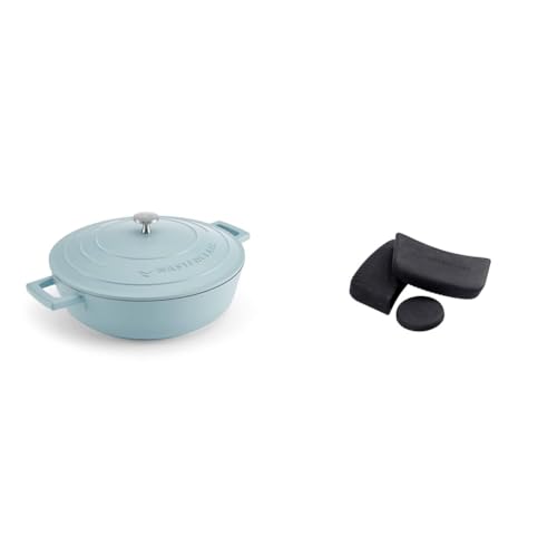 MasterClass 4L Blue Sky Shallow Casserole Dish with MasterClass Heat-Resistant Silicon Pan Handles and Lid Handle (3pc)