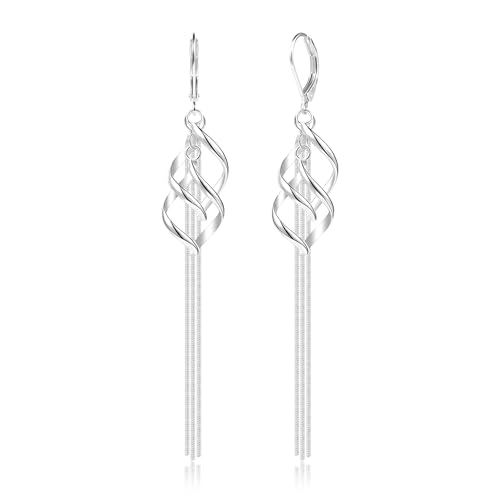 ALEXCRAFT Boucles d'Oreilles Longues en Argent 925, Boucles d'Oreilles Pendantes en Spirale Femme, Forme de Feuille, Hypoallergéniques, pour Mariage, Banquet, Cadeaux...