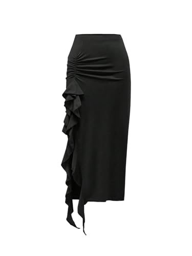 GORGLITTER Women's Ruched Ruffle Slit Pencil Skirt Going Out Party Bodycon Midi Skirts