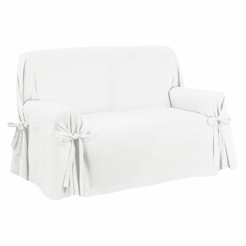 Funda para sofá con lazos, tejido pesado para tapicería, ajuste universal y cobertura total del sofá, producción italiana (Panamá blanco, 3 plazas)