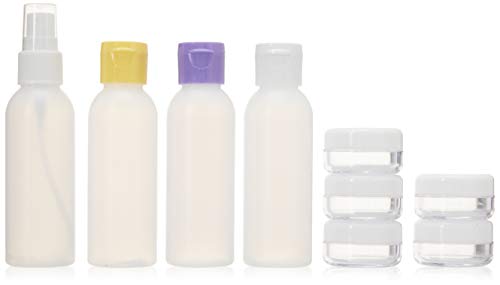 Moyo Natural Labs 9 Piece 2 Oz Premium HDPE Travel Size bottle Reusable Travel Bottle Kit And Travel Jars With Fine Mist Spray Bottle BPA FREE travel accessories for women TSA Approved 2oz 59 ml