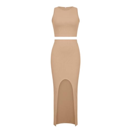 RanRui Women's 2 Piece Outfits One Shoulder Crop Top Split Bodycon Skirt Sets summer new solid color