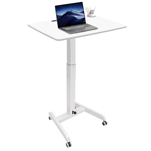 JSJCCTESK Rolling Laptop Desk Adjustable Height(29.5”- 43.7”)，Mobile Workstation Cart with 31.5' x 22.1'Desktop, Standing Desk Mobile Portable PC Table for Home,Office or Classroom in White