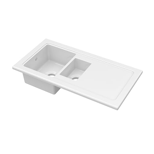 Image of Balterley Ceramic Kitchen Sink with Drainer & Overflow Hole, 101cm Bowl Inset Fireclay White Kitchen Sink, 1.5 Double Bowl Reversible Ceramic Sinks with Plain Drainer - 1010 x 525 x 235mm (White)
