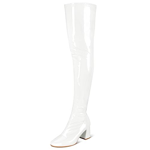 syztsho Womens Thigh High Boots Patent Leather White Over The Knee Boot for Women Square Toe Side Zipper Leather Chunky Heel GOGO Boots Size 11