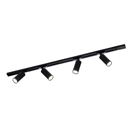 Ledvion   Sistema de rieles iluminacion, 1m, Carril Monofasico, Sin bombilla GU10, Negro, 4x Foco de techo Orientable GU10, Lampara techo, plafon led techo cocina, luces led, focos led interior techo