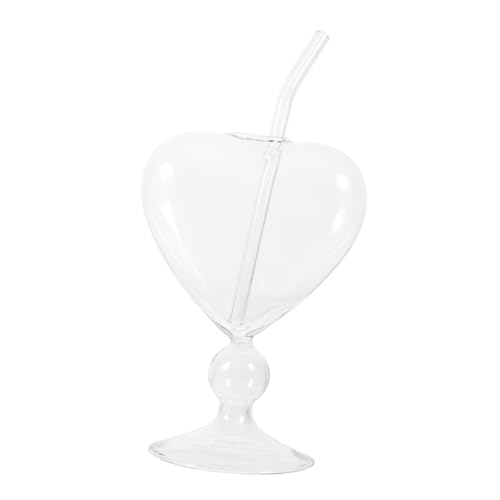 Gadpiparty Juego de Copas de Cáliz de Vidrio Transparente con Forma de Corazón, Copa de Cóctel con Pajita Curva, 350 Ml, para Fiestas y Reuniones, Set de 2 Unidades