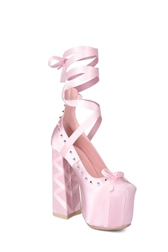 Mary Jane Sweet Lolita Platform High Heeled Pumps, Kawaii Ballet Cosplay Anime Satin Lace Bow Ribbon Rivets, Y2K Punk Goth Hot Lovely Girl Big Large Size Baroque Shoes for Women Men4