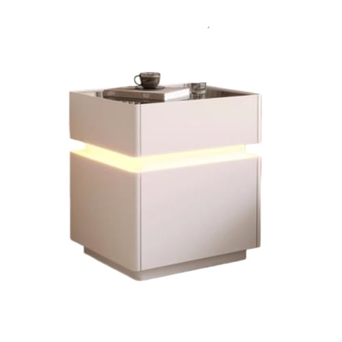 Pazeku スマート照明ベッドサイドテーブル 引き出し付き収納キャビネット LEDライト 複数の収納スペース 二重層 寝室のベッドサイドやソファに適しています (ホワイト,50cm)