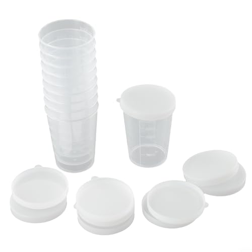 Paquete de 10 tazas medidoras graduadas transparentes de plástico con tapas para un almacenamiento y uso cómodos (50 ml)