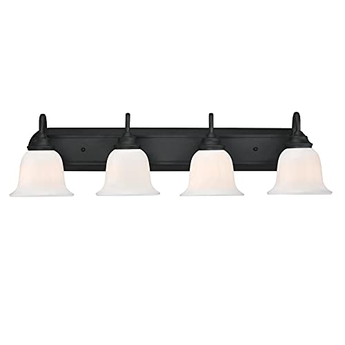 Image of Westinghouse 6117100 Harwell Traditional Four-Light Indoor Vanity Light Fixture, Matte Black Finish, White Opal Glass