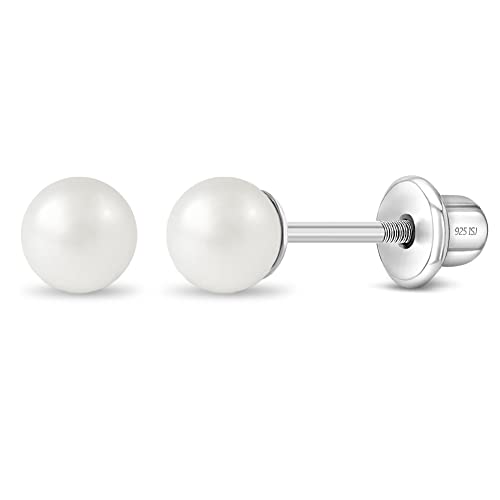 925 Sterling Silver Simulated Pearl Baby Earrings in 3mm-5mm for Toddlers & Young Girls - Hypoallergenic Safety Screw Back Earrings with White Simulated Pearls for Kids