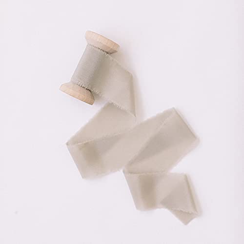Silk Ribbon on Spool for Flat Lay Props - 100% Pure Silk - Luxury Wedding Ribbon with Frayed Edges - Bouquet Ribbon, Wedding Invitation Ribbon, & Gift Wrapping Ribbon (Taupe, 1.5 x 2 Yards)