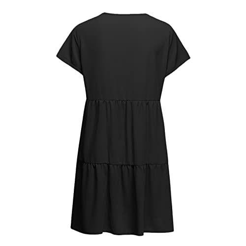 NP Women's All-Season Black Solid Casual Soft Ruffle Sleeve Wrap V-Neck Tiered A-Line Pleated Swing Dress with Ruffle Hem