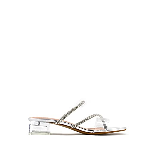 MODELISA - Sandalia Tacón Bajo Ancho Transparente Tira Brillo Mujer (Plata, numeric_37)
