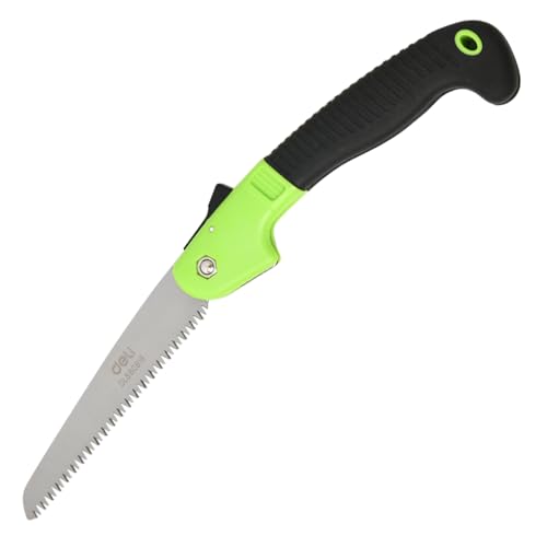 Image of Deli DL580618 9 inch Folding Saw with 65Mn Steel Blade ABS Handle 3-Sided Grinding Teeth Secure Lock Handsaw for Pruning Gardening Camping Wood Cutting Tree Branch (Pack of 1,Green & Black)