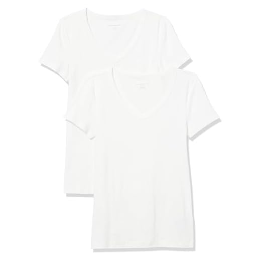 Amazon Essentials Women's Slim-Fit Short-Sleeve V-Neck T-Shirt, Pack of 2, White, Medium