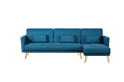 CONCEPT USINE | Canapé d'angle Convertible Scandinave 4 Places | Grace Bleu Canard | Canapé Réversible Moderne, Elégant et Pratique | Finition Bois et...