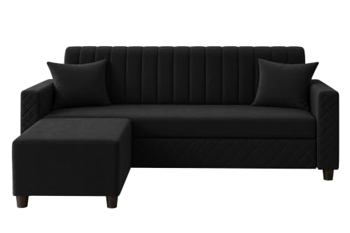 Image of L-Shaped 3 Seater Sectional Sofa with Ottoman | Modern Upholstered Couch | Vertical Channel Tufted Backrest | Diamond Quilted Arms & Base | Comfortable Living Room Furniture - Black