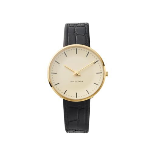 【限定】 ARNE JACOBSEN x HAyU コラボ 腕時計 34mm 北欧デザイン 日常生活防水 (秒針のない静音設計) CITYHALL 53215-1690G クラウドクリーム ブラックレザー - ARNE JACOBSEN (アルネヤコブセン) - 商品画像