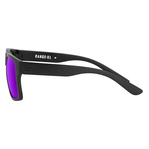 Image of TOROE Eyewear Matte Black RANGE XL Frame Sunglasses Light Weight TR90 Frame, Polarized Polycarbonate Lens (Matte Black | Black Emblem, Purple Mirror)