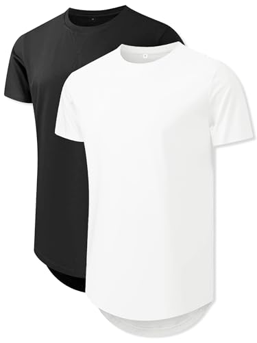 Comdecevis Mens 2 Pack Cotton T Shirts Crewneck Hipster Hip Hop Longline Gym Workout Athletic Shirts, 3XL, Black/White