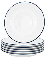 Nicola Spring White Farmhouse Espresso Saucers 5 Inch (13Cm) - Set Of 6 & Blue Porcelain Rustic Country Cottage Coffee Cup Plates With Rolled Rims & Embossed Rings