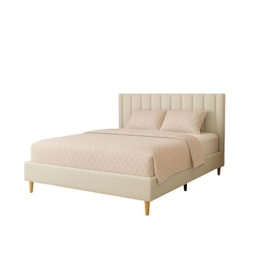 Image of Wooden Upholstered Bed Queen Size Without Storage | Wooden Queen Size Cot with Headboard | Double Size Bed for Bedroom | Palang Furniture for Guest Room, White (75x60)