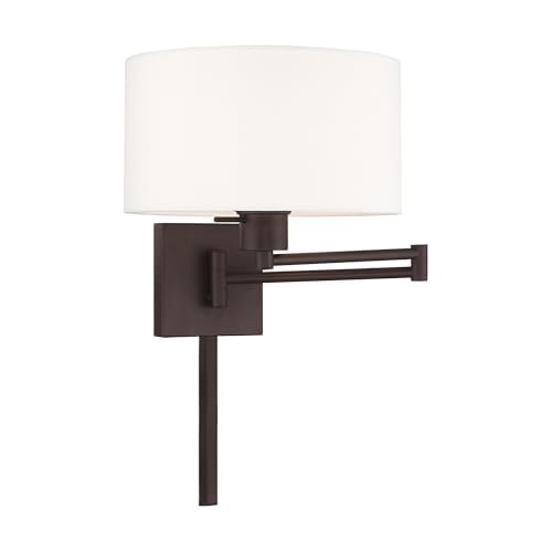Image of Livex Lighting 40036-07 1-Light Swing Arm Wall Light, Bronze | Off-White Fabric Shade