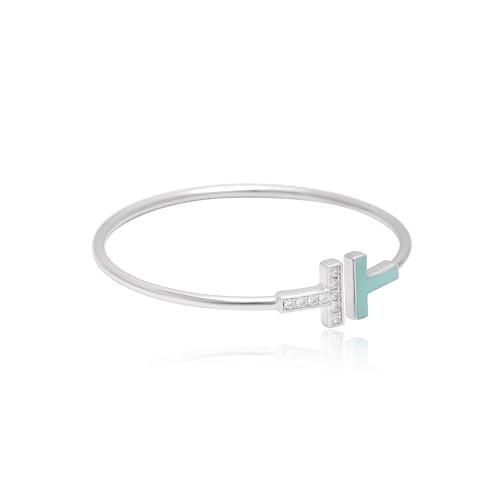 925 Sterling Silver T-Bar Bangle Bracelet for Women | Yellow, Rose & White Gold Plated Adjustable Cuff with Turquoise Enamel & Crystal Accents | Minimalist Fashion Jewelry Gift for Ladies3