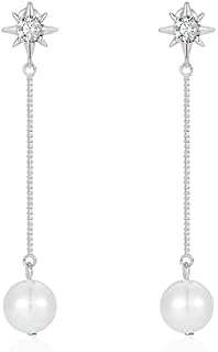 MESOVOR Pearl Star Drop Earrings for Women, 16K Gold Plated Shiny Star Earrings with Cubic Zirconia | Long Chain Pearl Dangle Earrings for Bridal Wedding Prom Party