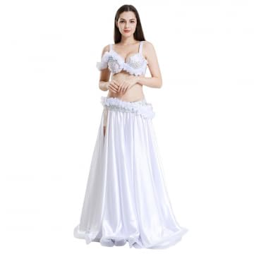 ONUYGCFH Women's White Satin Belly Dance Costume Set with Rhinestones 2 Piece Performance Outfit with High Slit Skirt Bra Top,White,L