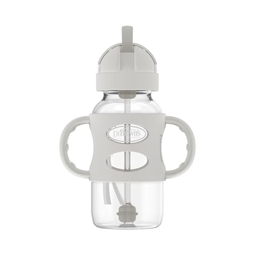 Image of Dr. Brown's Milestones Wide-Neck Sippy Straw Bottle with 100% Silicone Handles and Weighted Straw, 9 oz/270 mL, Gray, 6m+