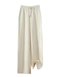 Women Merino Wool Wide Leg Pants Striped Knit Trousers Cream