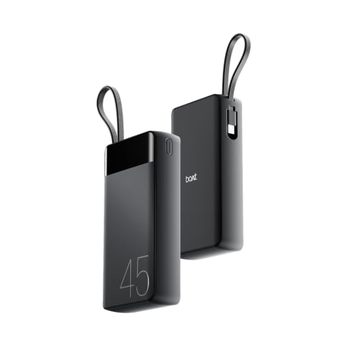 Image of boAt Apex PB445; in-Built Type-C Cable; 20000 mAh 2-Way PD 45W Fast Charging Powerbank with Triple Output; Premium Finish; for Android, iPhone 17 /16 /Pro, Samsung, iPad (Phantom Black)