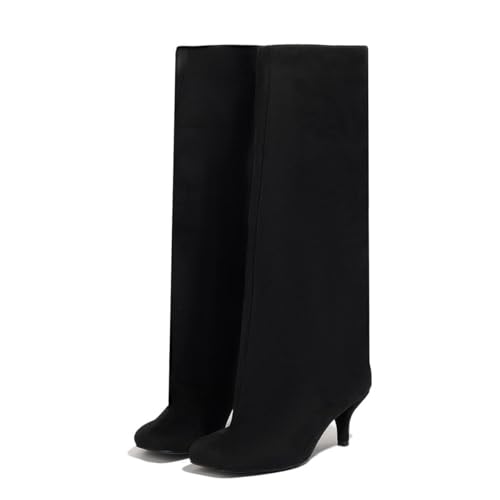 Women's Suede Knee High Boots Square Toe Wide Calf Stiletto Low Heels Fashionable Kitten Heel Pull-On Tall Winter Boots for Ladies