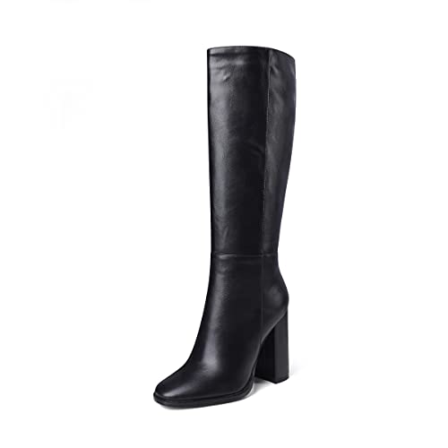 MODENCOCO Women's Round Toe Matte Zipper Leather Chunky High Heel Knee High Boots 4 Inch2