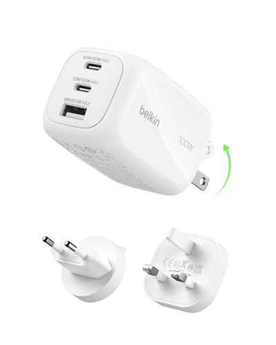 Belkin 3 Port USB C Ladegerät, 100 W, GaN-Ladegerät, 2 USB-C-Anschlüsse, 1 USB-A-Anschluss, inkl. Reisestecker für EU/UK/USA, Schnellladen von MacBook, iPhone, iPad Pro, Samsung Galaxy, Pixel – Weiß