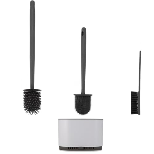 Premium Silicone Toilet Brush Set with Holder - Includes Crevice Tool- Bathroom Accessories - Floor or Wall Mounted - Grey & White, Loo Brush and Holder Set for a hygienic bathroom clean.