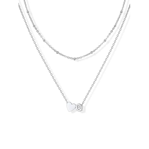 U7 Layered Heart Initial Necklace for Women,Tiny Silver/14K Gold Plated Heart Initial A-Z Letter Pendant Necklaces,Adjustable 16"- 18" Valentines Birt