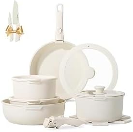 JEETEE Pots and Pans Set Non Stick 16pcs, Oven Safe, PFAS/PFOA Free, Beige beige